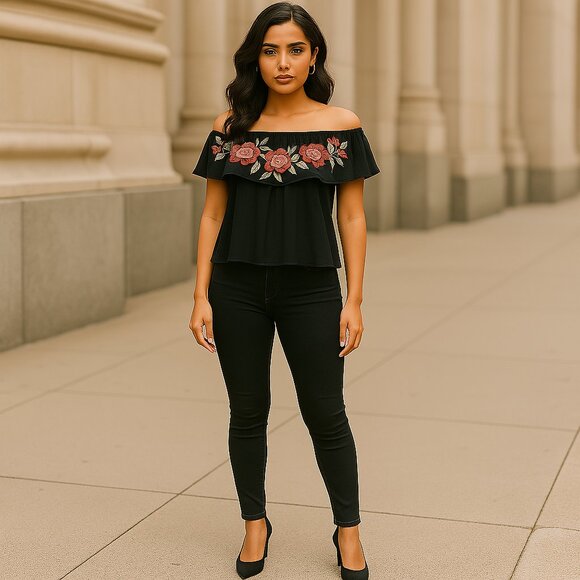 Prosperity Floral embroidered Ruffle black off-shoulder Top Boho Size Med - Picture 2 of 9